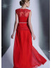 Beaded Red Lace Chiffon Flowy Evening Dress